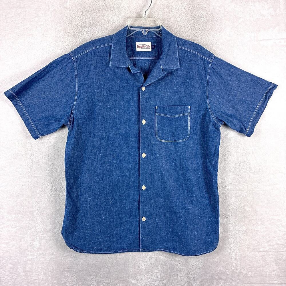 Freenote Cloth Shirt Men XL Blue Hawaiian Nep Chambray Linen Loop Collar Japan